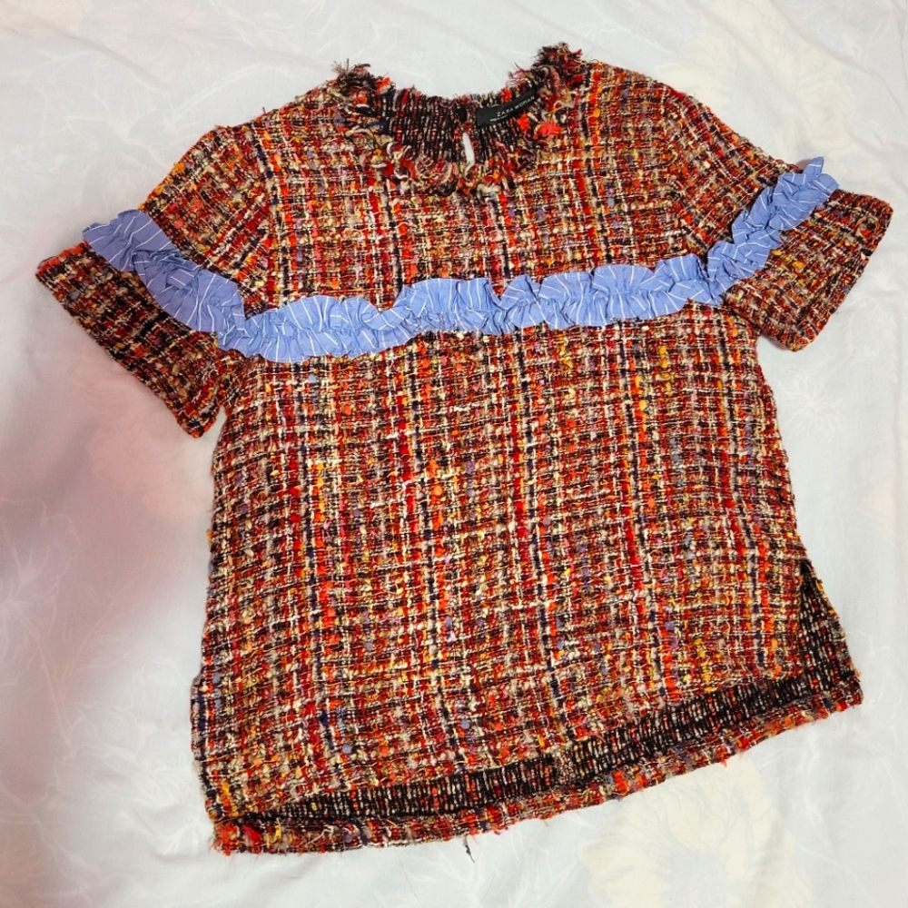 ZARA multi-coloured weaved short-sleeved top